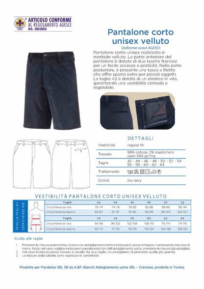 Pantalone corto velluto unisex